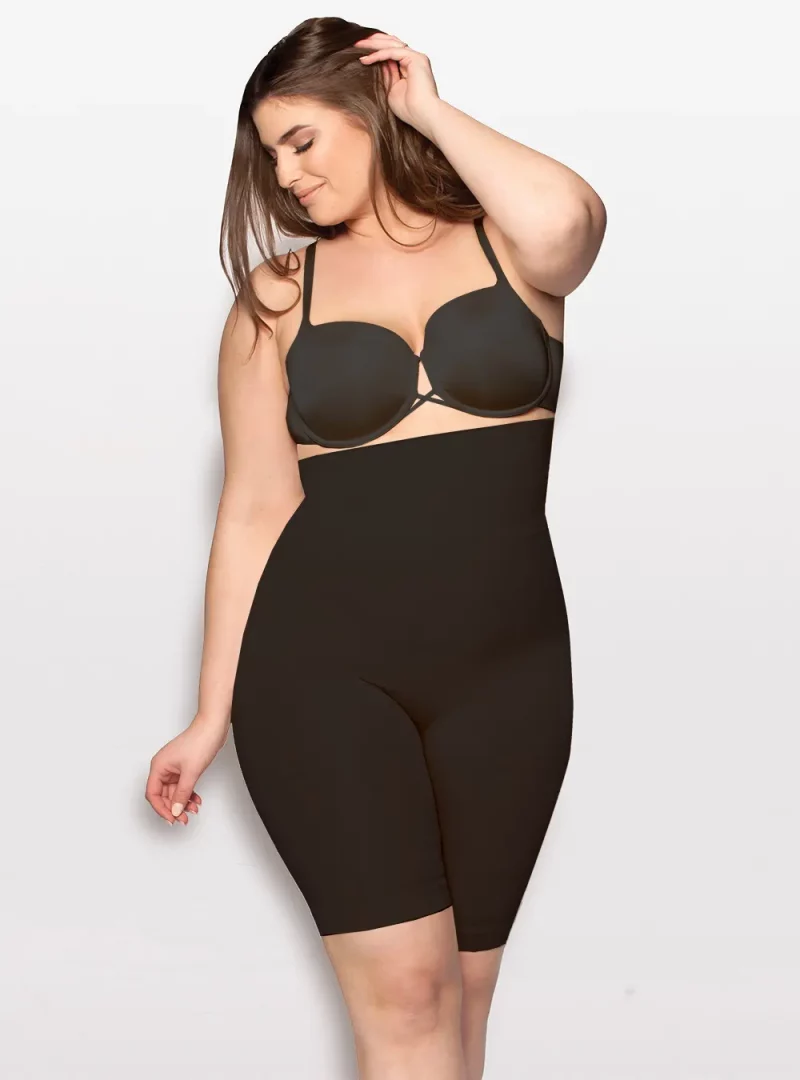 Plus size woman with long brown hair wearing matching black bra and sculpting long underwear